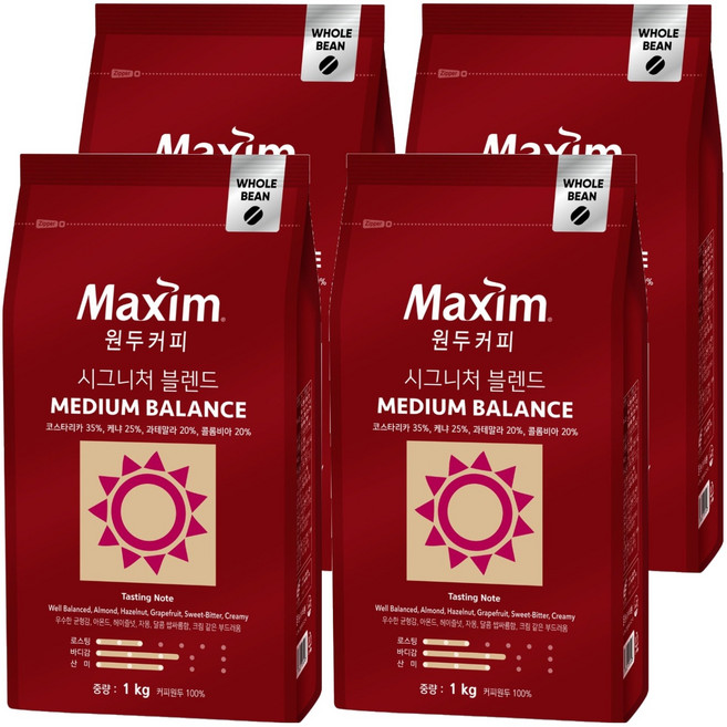 맥심 시그니처 블렌드 미디엄 밸런스 원두 커피, 1kg, 4개