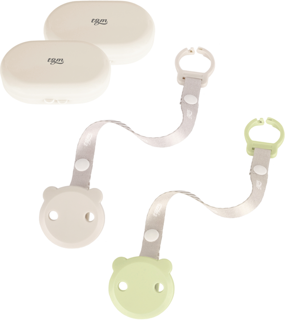 tgm 小熊造型奶嘴夾組附收納盒, 橄欖綠 + 淺灰色, 1組