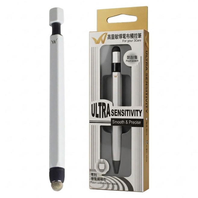 Ultra sensitivity 高靈敏導電布學院風按壓式防刮觸控筆 筆長121mm, 時尚白, 1支