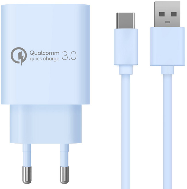 홈플래닛 퀄컴 공식인증 QC3.0 18W 고속충전기 + C타입 충전케이블 1.2m 세트, 블루, 1세트