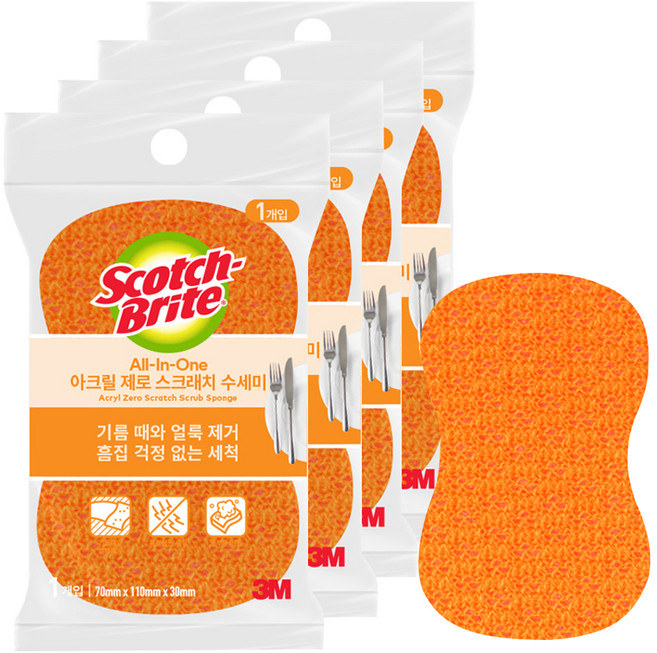 스카치브라이트 3M 올인원 아크릴 제로 스크래치 수세미, 1개, 4개