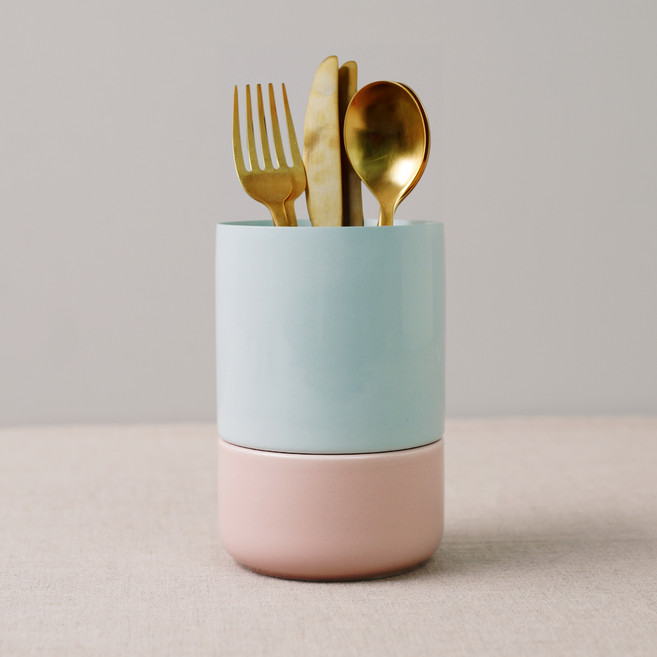 보울보울 국산 레트로라인 물빠짐 수저통 M, 스카이블루 + 파우더핑크, 1개