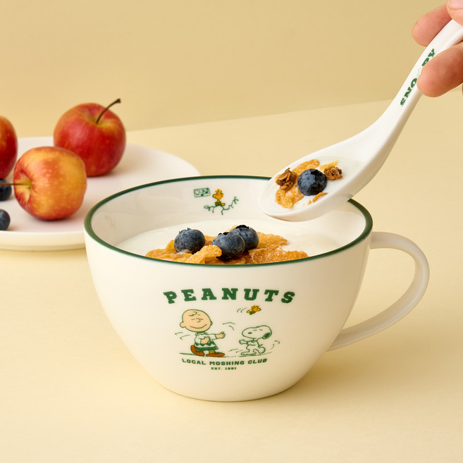 락앤락 스누피 도자기 씨리얼볼 520ml + 스푼 세트 LLC101, 화이트, 1세트