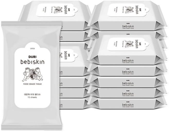 두리 베비스킨 생분해 비데 물티슈 휴대형, 63g, 15개입, 20개