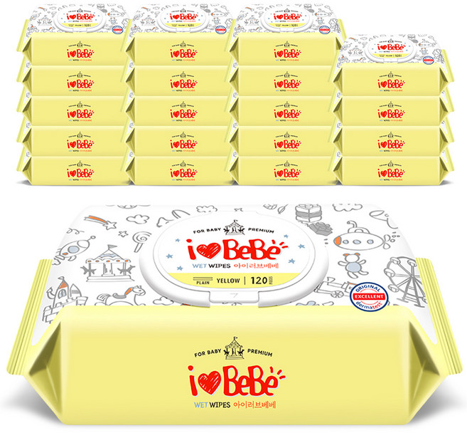 아이러브베베 플러스 옐로우 아기물티슈 캡형, 43g, 120매, 20개