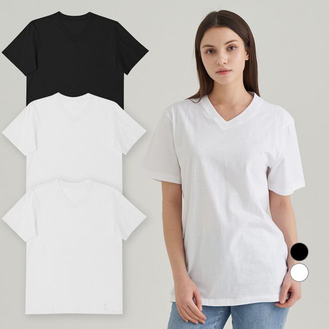 베이스알파 에센셜 남녀공용 통기성 순면 브이넥 반팔티 3P