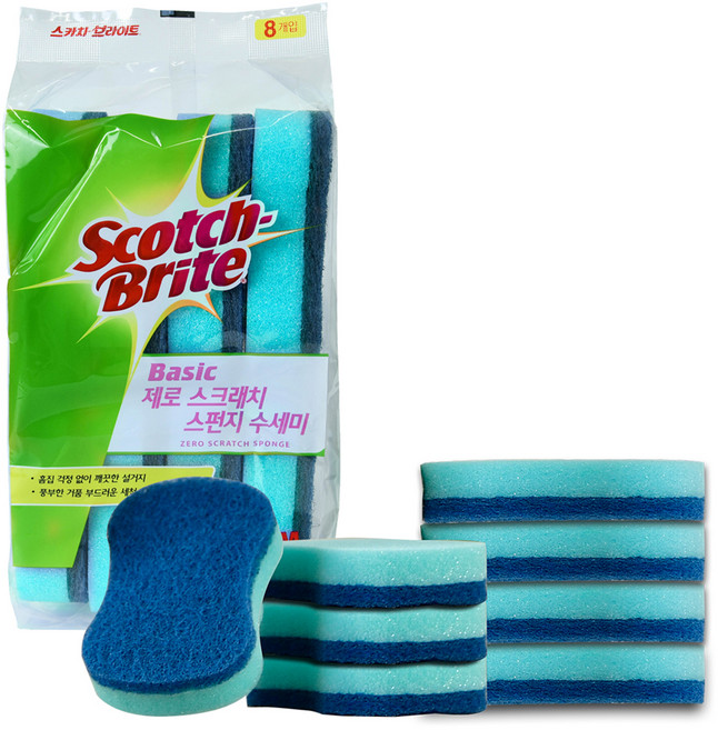 스카치브라이트 베이직 제로 스크래치 스펀지 수세미, 8개입, 1개