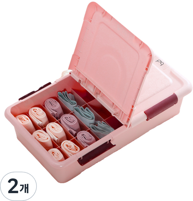 마이닝 뚜껑있는 플라스틱 16칸 속옷정리함, 2개, 핑크