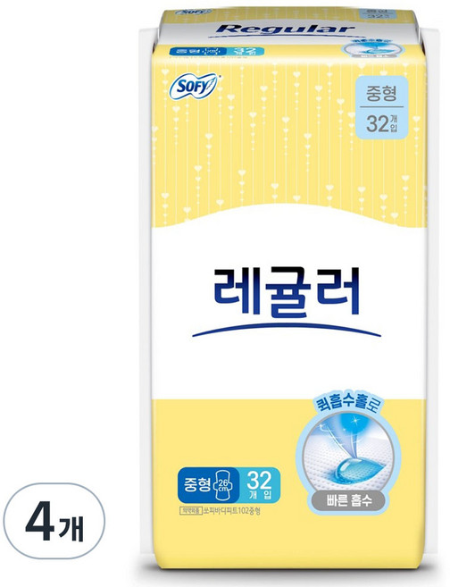 쏘피 바디피트 레귤러 생리대 날개형, 4팩, 32개입, 중형