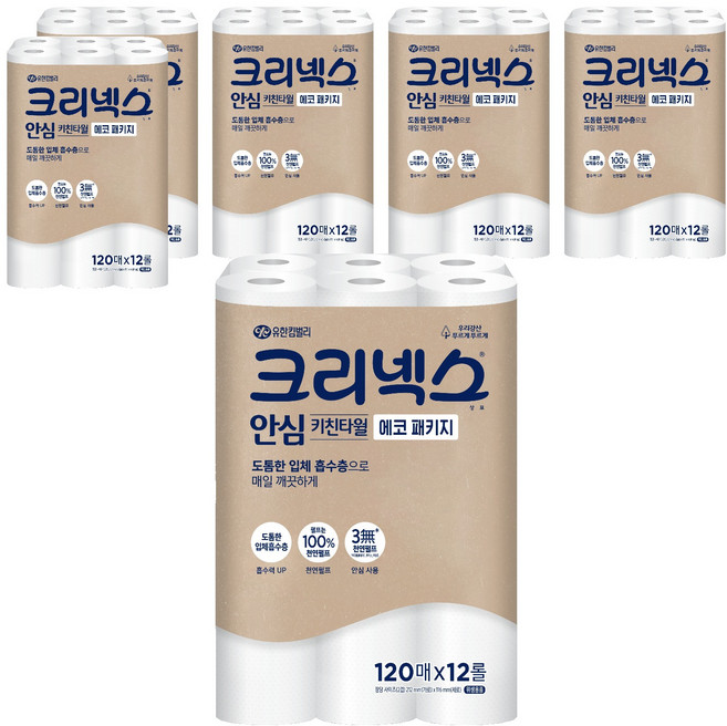 크리넥스 안심 천연펄프 키친타월 에코 패키지, 120매, 72개