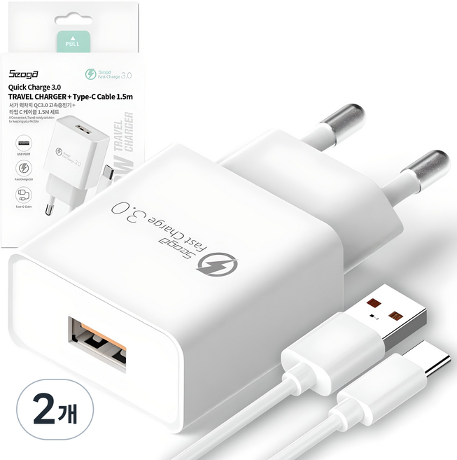 서가 퀵차지 USB 고속 충전기 18W QC3.0 + C타입 케이블 1.5m 세트, 화이트, 2개