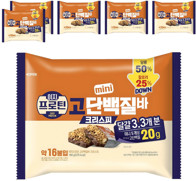 롯데웰푸드 이지프로틴 크리스피 미니 고단백질바, 160g, 6개