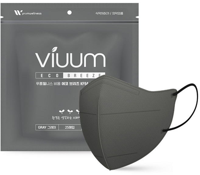 viuum 에코 브리즈 새부리형 마스크 중형 KF94, 25개입, 1개, 그레이