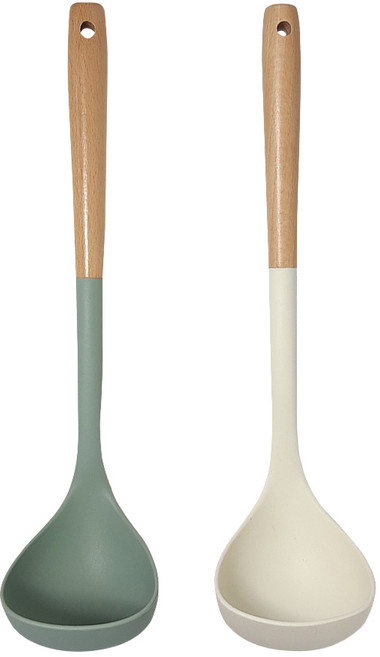 MIKA HOUSE 橘之屋 櫸木柄矽膠湯杓 2入, 櫸木柄 + 綠色 + 白色, 1組