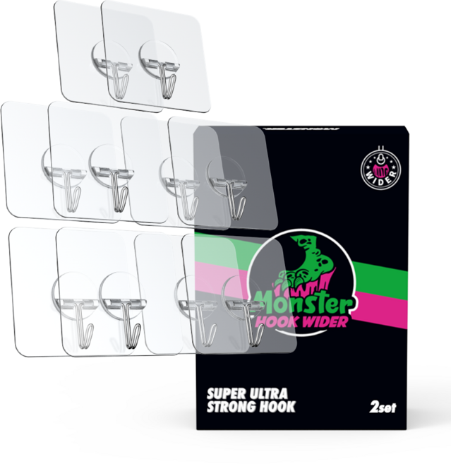 몬스터겔 초강력 무타공 접착식 벽걸이 후크 와이더 부착고리 스텐304, 투명, 10개
