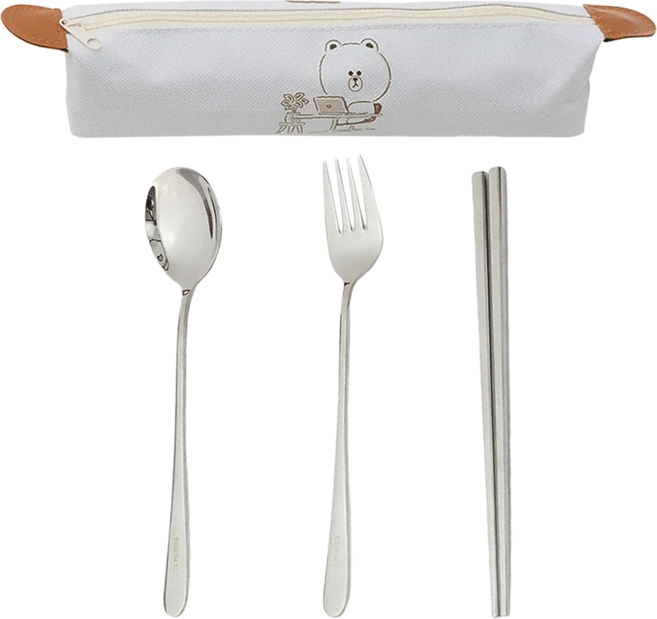 Hiromimi LINE FRIENDS 宅家餐具4件組, 熊大款 白色, 1個, 餐具包 + 湯勺 + 筷子 + 叉子