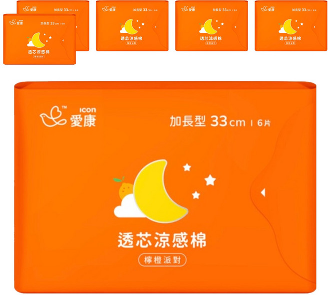 icon 愛康 透芯涼感衛生棉 檸橙派對 加長型, 33cm, 6片, 6包