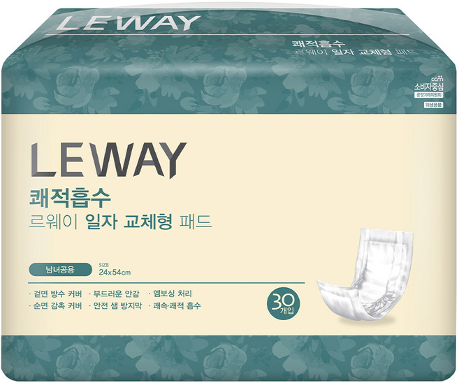 미래생활 남녀공용 르웨이 쾌적흡수 일자 교체형 패드형 성인기저귀, 30개입, 1개
