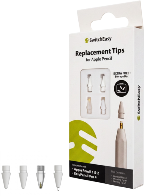 SwitchEasy 魚骨牌 iPad替換式觸控筆尖四個組 13.46 x 3.43mm 綜合 Apple Pencil1/2代適用 0.5g, 白色/透明, 1組