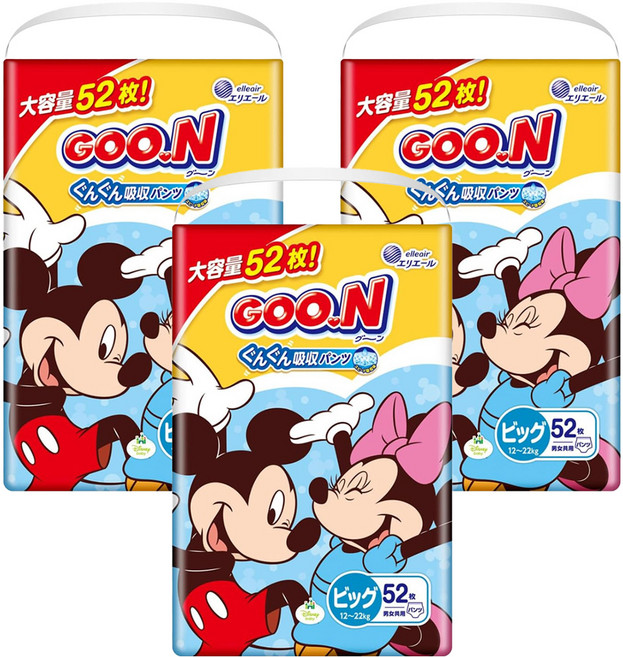 GOO.N 大王 日本境內版 瞬吸貼合褲型尿布 迪士尼版12~22kg, XL, 156片
