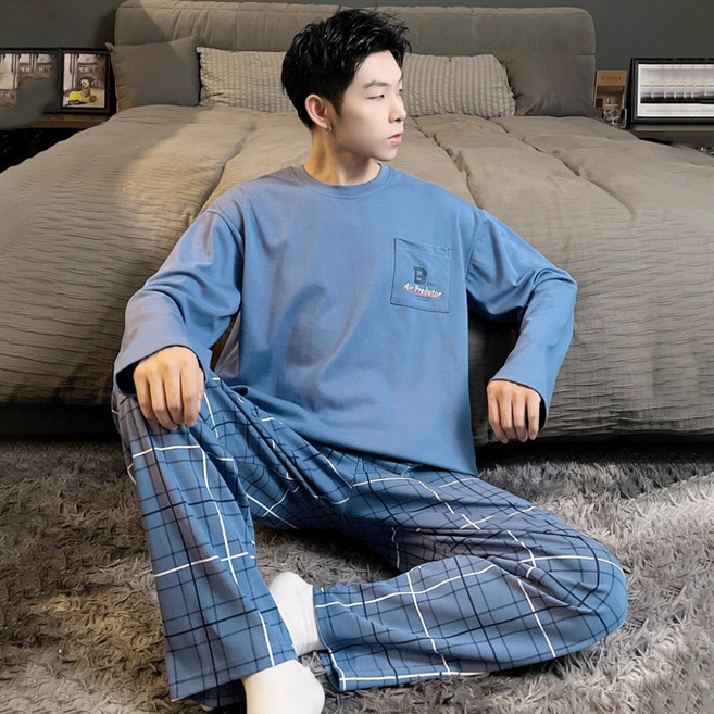 세컨핑크 남성용 타탄 패션 체크 긴팔 잠옷 상하의 세트