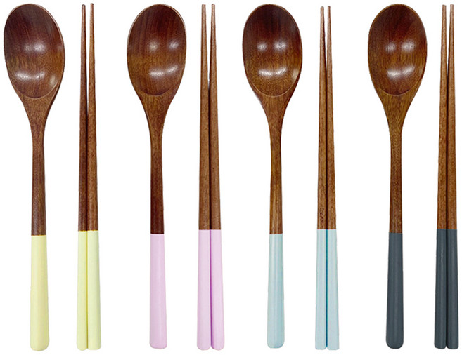 키볼리 한식 파스텔 옻칠 나무 수저 4인세트, 옐로우 + 라벤더 + 스카이블루 + 다크블루, 숟가락 4종 + 젓가락 4종, 1세트