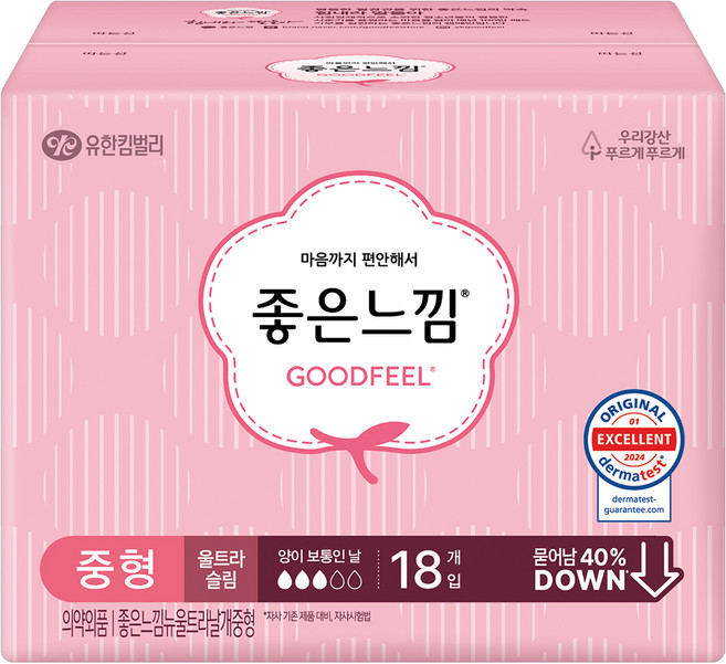 좋은느낌 뉴울트라 슬림 날개형 생리대, 중형, 18개입, 1개