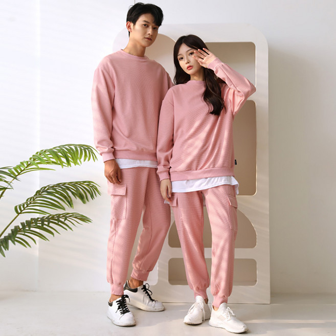 턴키 남녀공용 빅사이즈 와플 오버핏 맨투맨 + 카고 조거팬츠 세트 FW-3180