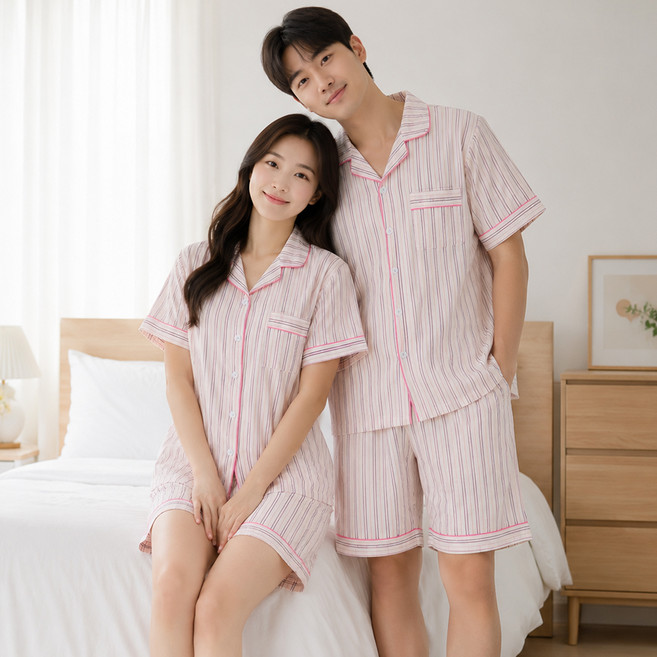 예스 커플용 데일리 반팔 파자마 상하의 세트 톤온톤