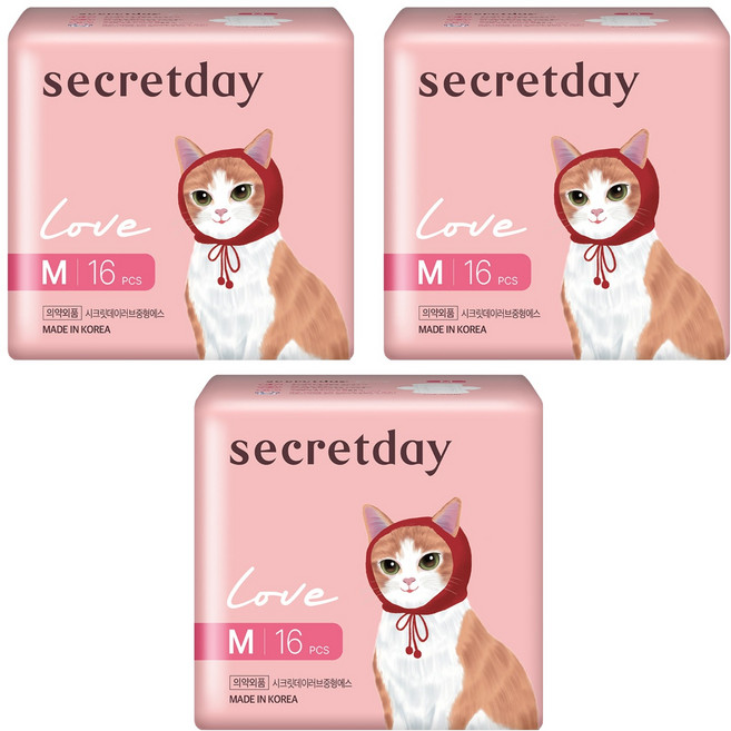 secretday Love超薄蝶翼型衛生棉, M(24.5cm), 16片, 3包