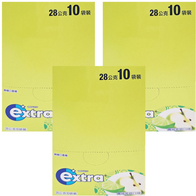 Extra 益齒達 潔淨無糖口香糖 青蘋萊姆 10包, 28g, 3盒