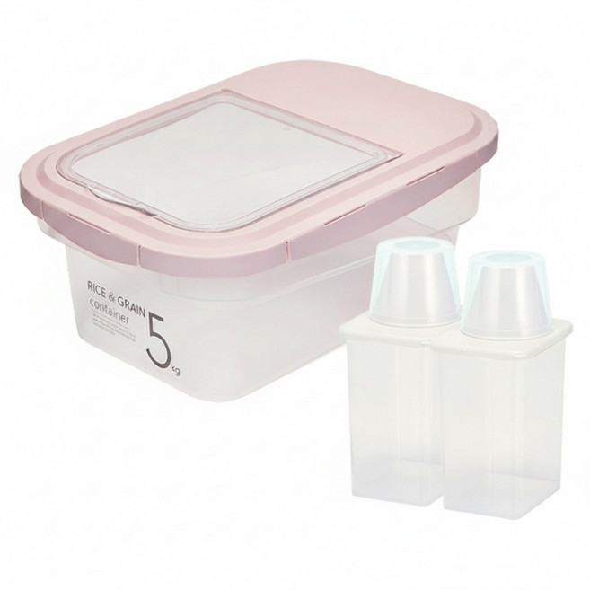 cimelax 密封儲米箱5kg*1個+穀物密封保鮮罐950ml*2個, 透明粉紅色, 1組