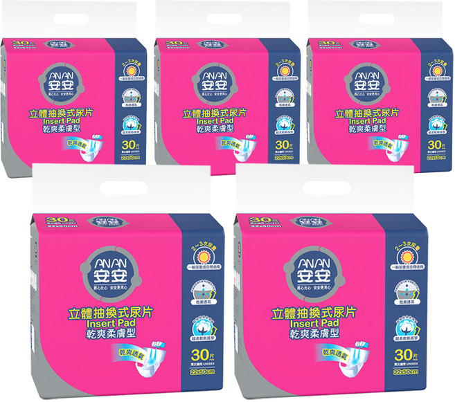 安安 立體抽換式尿片 乾爽柔膚型, 22*50cm, 30片, 5包