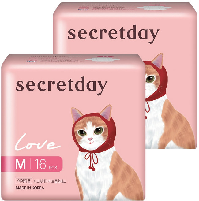 secretday Love超薄蝶翼型衛生棉, 中型, 16入, 2個