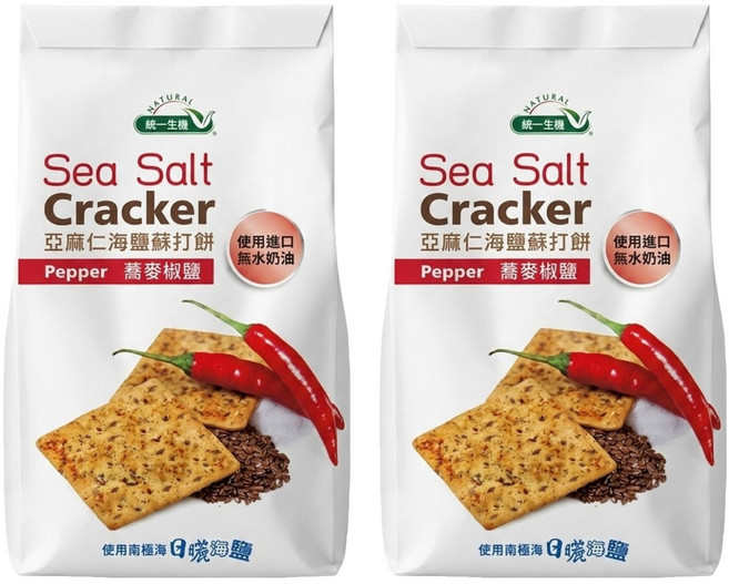 統一生機 亞麻仁海鹽蘇打餅 蕎麥椒鹽 8入, 168g, 2袋
