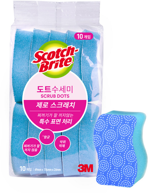 스카치브라이트 제로 스크래치 도트 수세미, 10개입, 1개