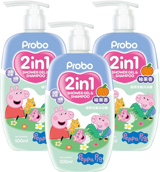 Probo 博寶兒 佩佩豬 植萃洗髮沐浴露 柚果香氛, 500ml, 3瓶