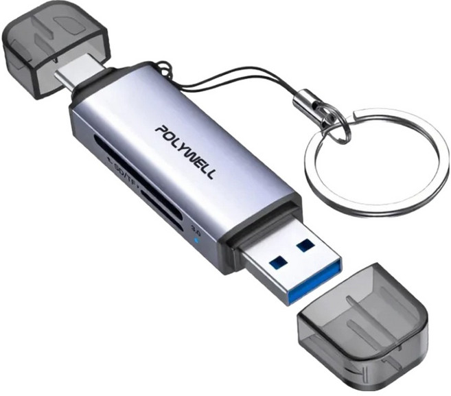 POLYWELL 寶利威爾 USB3.1 SD/microSD三合一讀卡機 USB擴充 Type-C+A雙介面, PW15-T02-A053, 深空灰, 1個