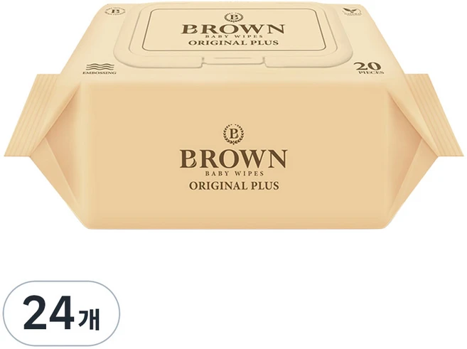 브라운 오리지널 플러스 도톰한 아기 물티슈 엠보싱 저자극 휴대용 캡형, 55g, 20매, 24개 - 쿠팡