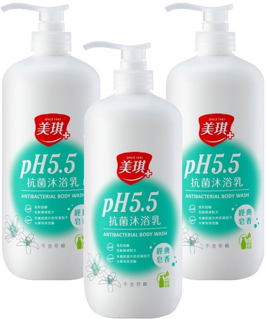美琪 pH5.5 抗菌沐浴乳 經典皂香 不含皂鹼, 1L, 3瓶