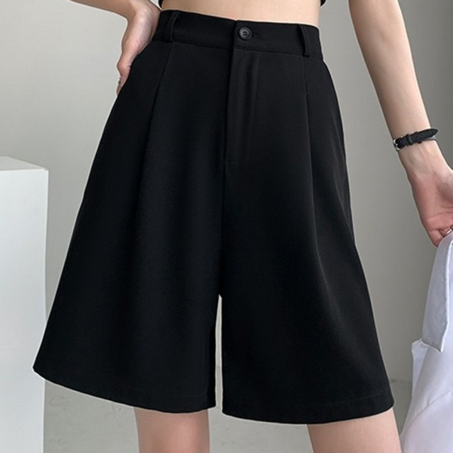엘쏘 여성용 뒷밴딩 버뮤다 핀턱 원버튼 슬랙스 5부 팬츠