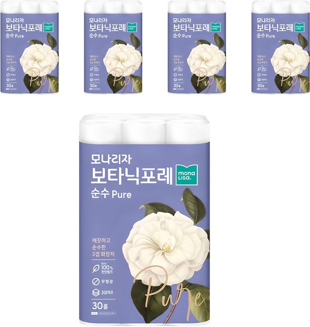 모나리자 보타닉포레 순수 천연펄프 3겹 데코 고급롤화장지, 27m, 30개입, 5개