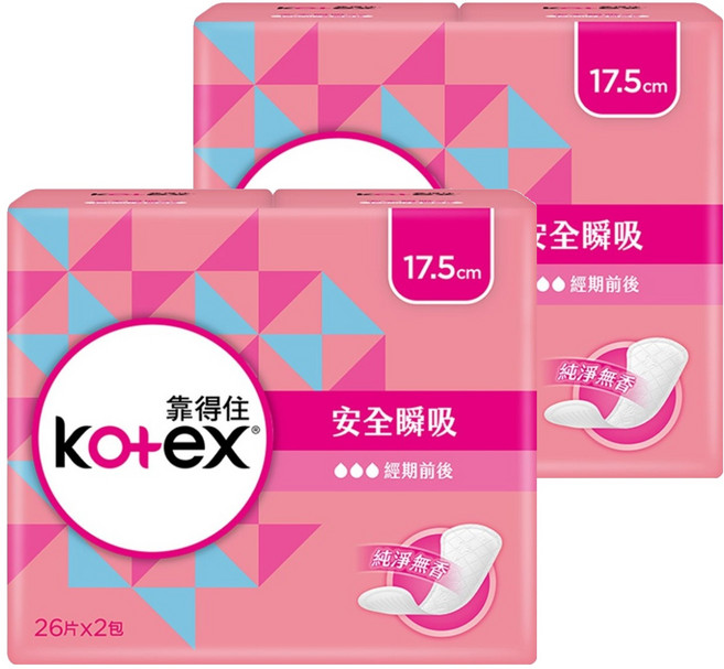 Kotex 靠得住 安全瞬吸護墊 無香, 17.5cm, 52片, 2包