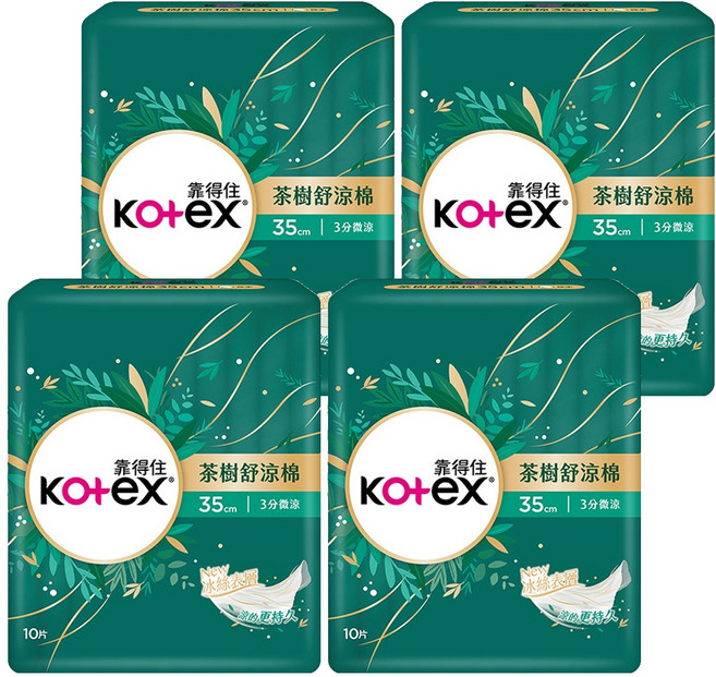 Kotex 靠得住 茶樹舒涼 涼感衛生棉 3分微涼 護翼型, 夜用量多型 35cm, 10片, 4包