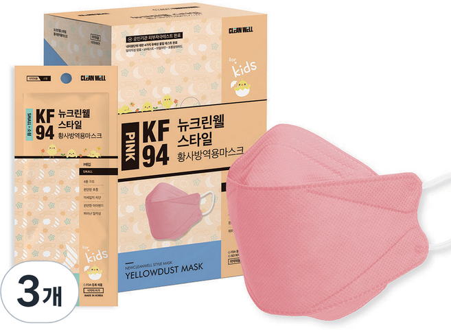 뉴크린웰 스타일 황사방역 마스크 소형 KF94, 30개입, 3개, 핑크