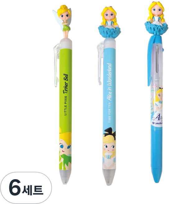 디즈니프린세스 마스코트 퀵 드라이 흑색 젤 펜 팅커벨 0.5mm + 앨리스 0.5mm + 3색 중성 볼펜 앨리스 0.5mm, 혼합색상, 6세트