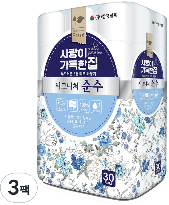 한국펄프 시그니쳐 순수 화장지 30m, 30개입, 3개