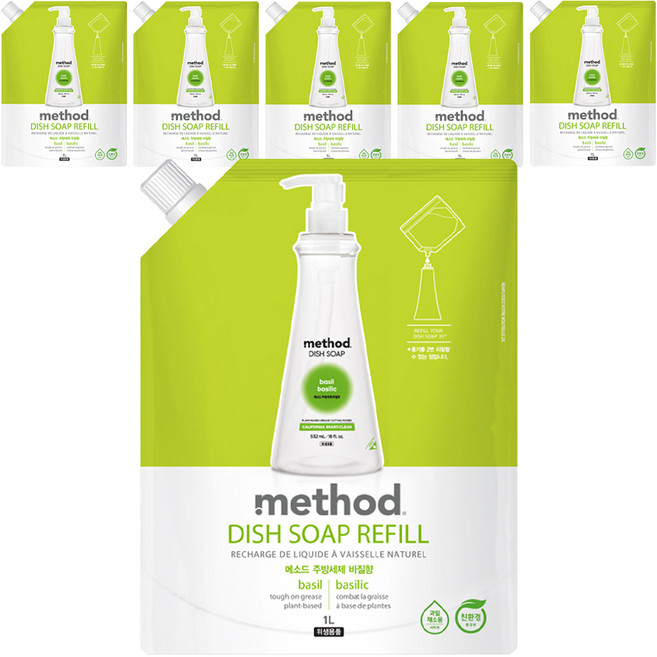 메소드 스마트 클린 주방세제 바질향 리필, 6개, 1L
