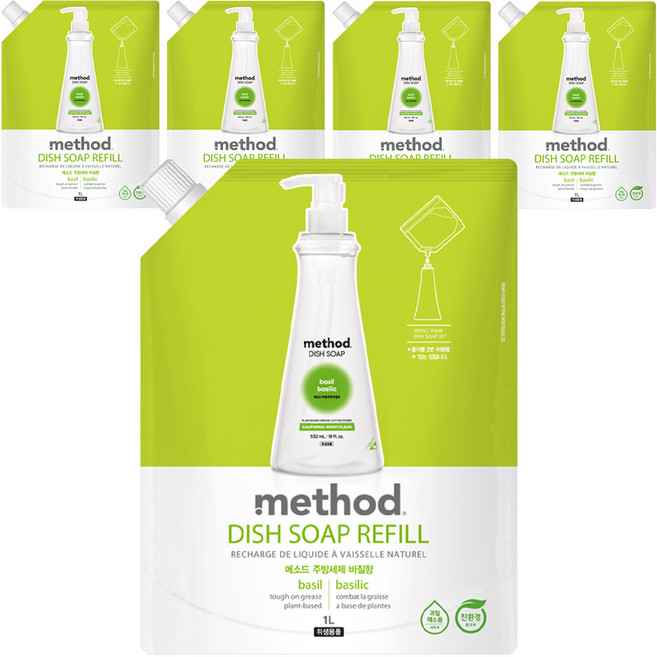 메소드 스마트 클린 주방세제 바질향 리필, 5개, 1L