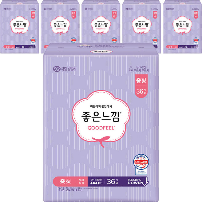 좋은느낌 오리지널 맥시슬림 생리대 날개형, 중형, 36개입, 6개